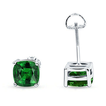 Solitaire Screw Back Stud Earring Excellent Cushion Cut Simulated Green Emerald CZ Solid 925 Sterling Silver
